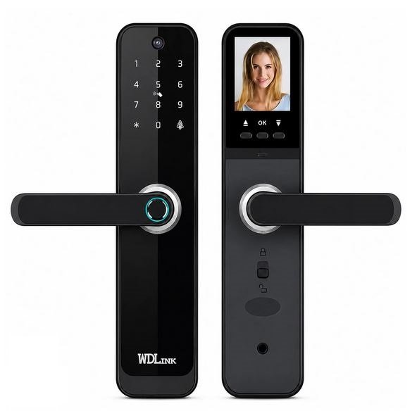 Serrure connectée WD07P avec lecteur d'empreintes digitales et caméra œil-de-chat,